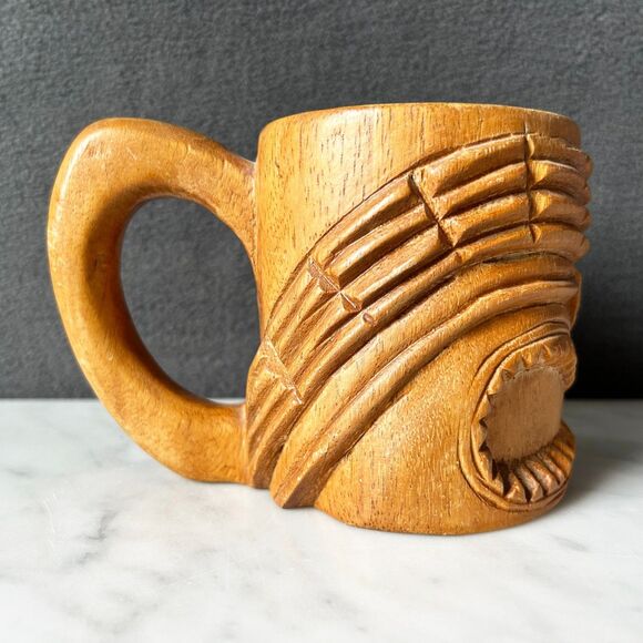 Vintage Wooden TIki Warrior God Ku Mug Hawaiian Polynesian Hand Carved Cup - Picture 2 of 6